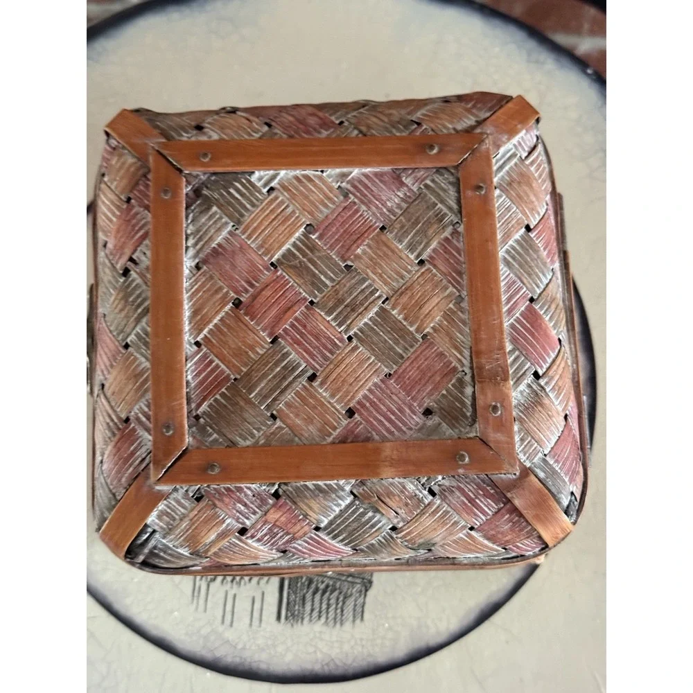 Vintage Wicker Weave Chest Basket Rattan Wood Treasure Hinged Box‎ Decor,